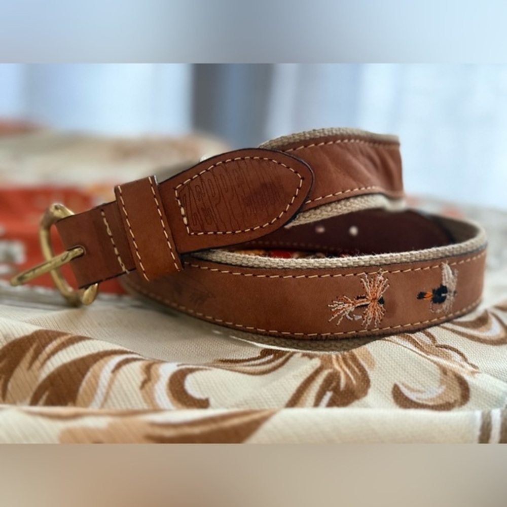 Fly Fishing Embroidered Leather/Canvas Belt Solid Brass Buckle Made in USA